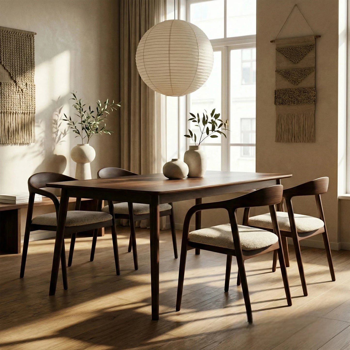 ALUXO Tess Walnut Dining Chair In Oatmeal Beige Boucle Fabric - Set Of 2