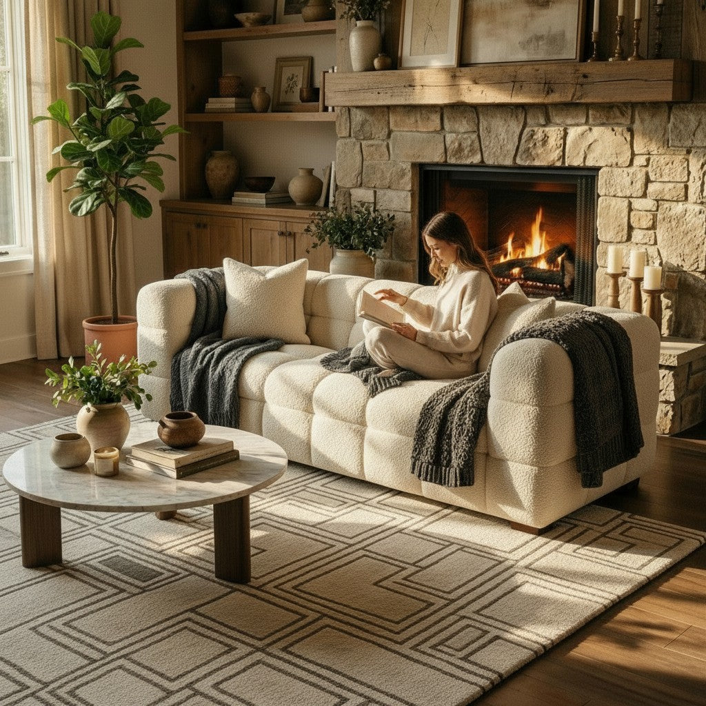 ALUXO Tribeca Bubble 3 Seater Sofa In Pearl Boucle Fabric