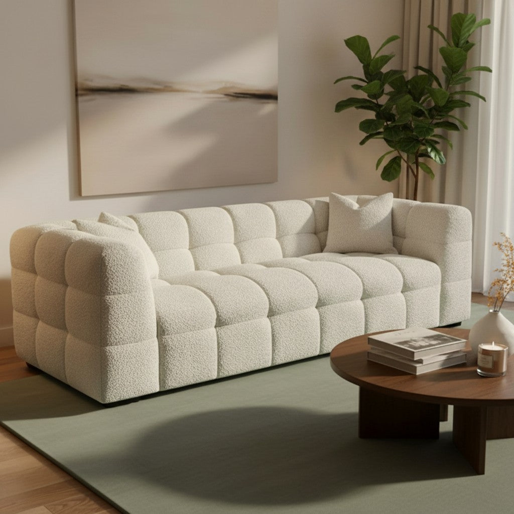 ALUXO Tribeca Bubble 3 Seater Sofa In Oatmeal Beige Boucle Fabric