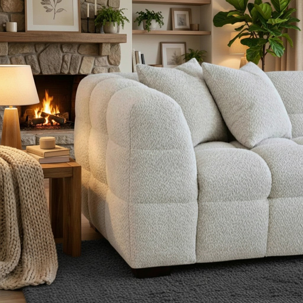 ALUXO Tribeca Bubble 3 Seater Sofa In Oatmeal Beige Boucle Fabric