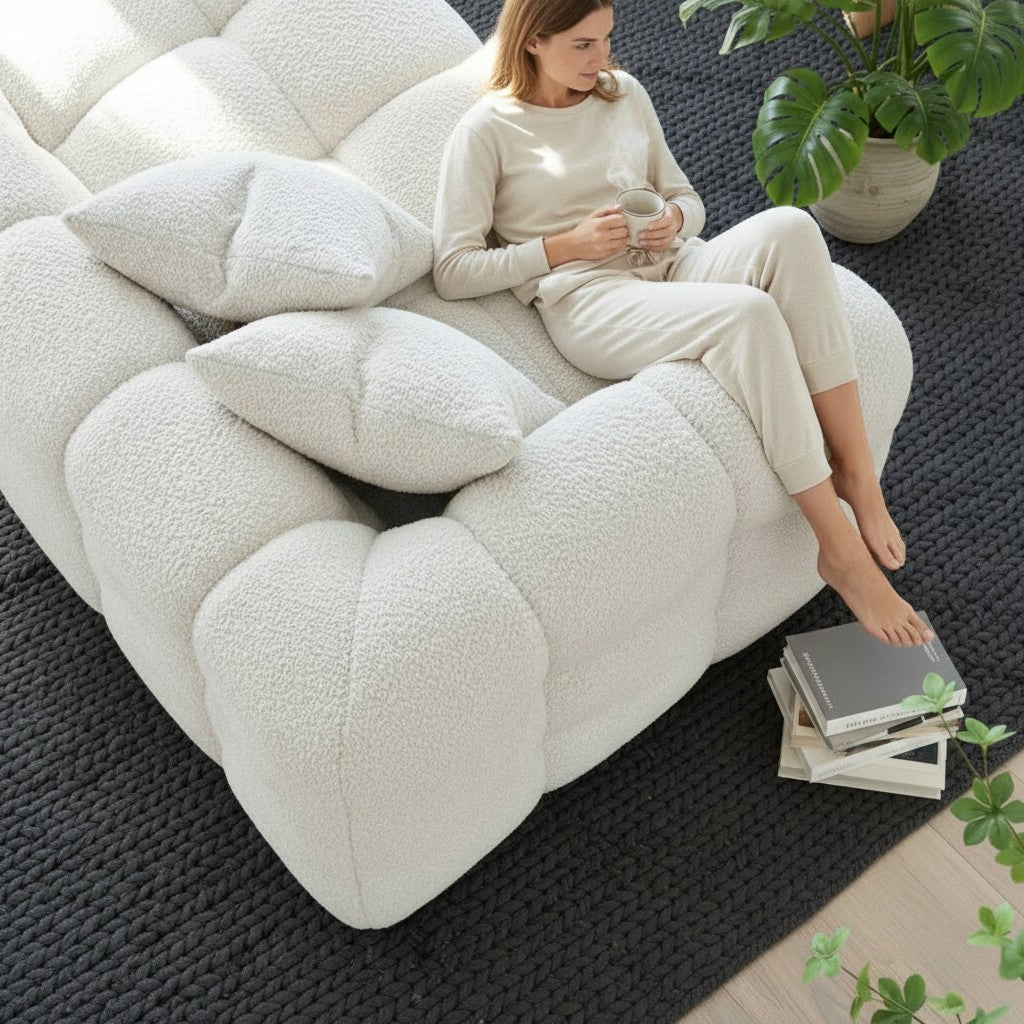 ALUXO Tribeca Bubble 3 Seater Sofa In Pearl Boucle Fabric