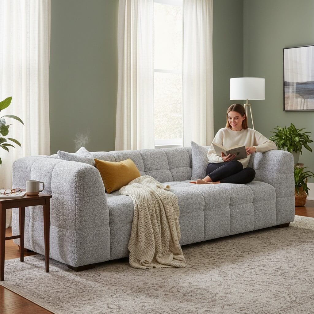 ALUXO Tribeca Bubble 3 Seater Sofa In Oatmeal Beige Boucle Fabric
