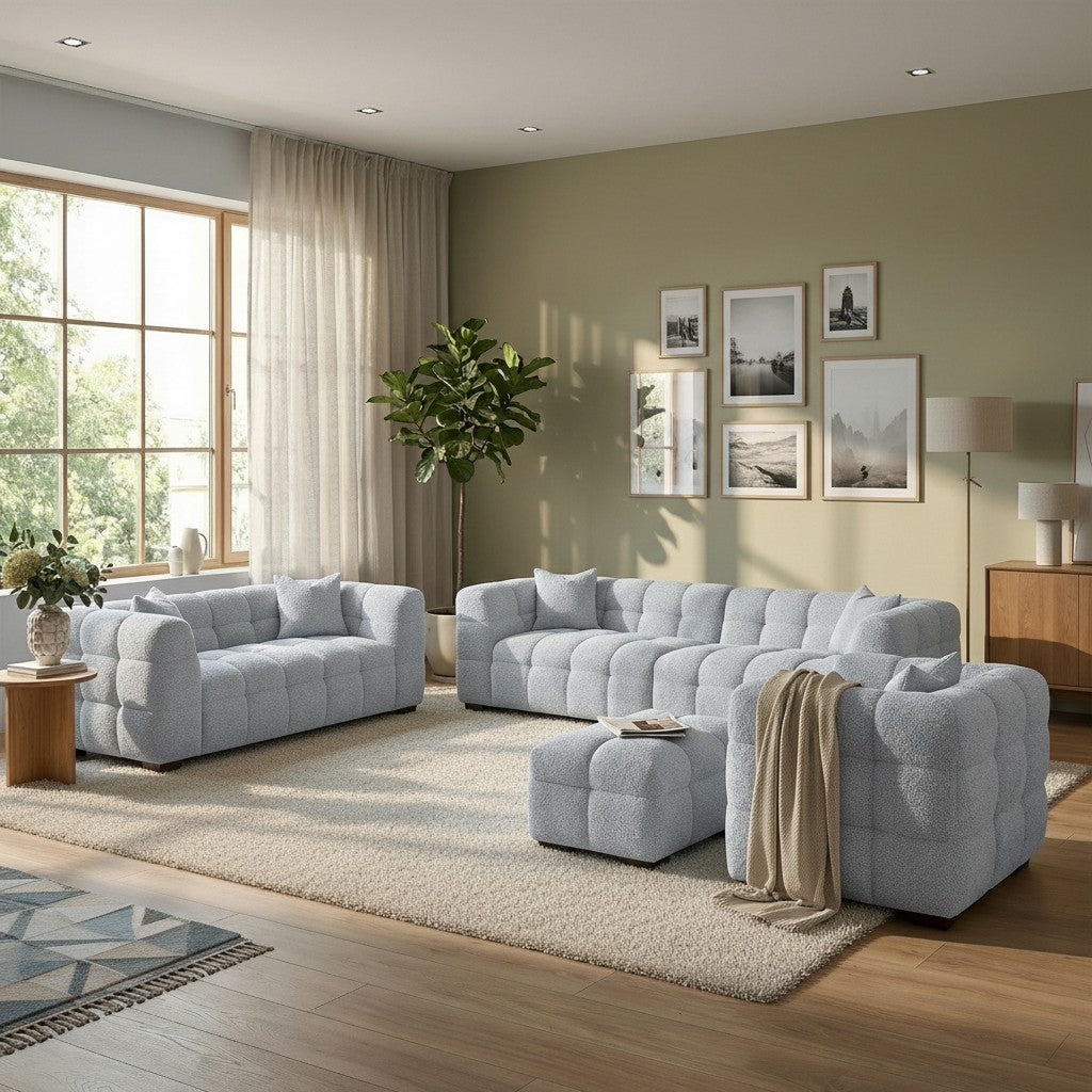 ALUXO Tribeca Bubble 3 Seater Sofa In Oatmeal Beige Boucle Fabric