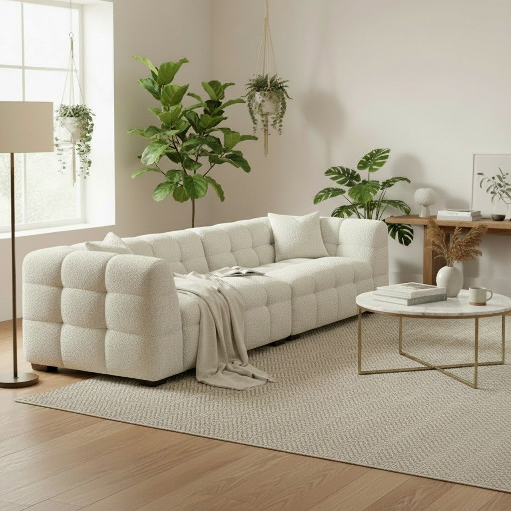 ALUXO Tribeca Bubble 4 Seater Large Sofa In Oatmeal Beige Boucle Fabric