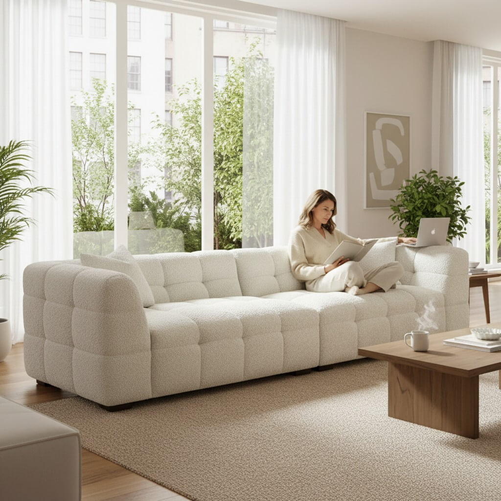 ALUXO Tribeca Bubble 4 Seater Large Sofa In Oatmeal Beige Boucle Fabric