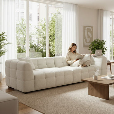 ALUXO Tribeca Bubble 4 Seater Large Sofa In Oatmeal Beige Boucle Fabric