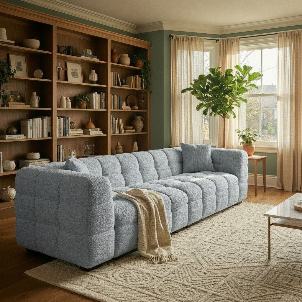 ALUXO Tribeca Bubble 4 Seater Large Sofa In Oatmeal Beige Boucle Fabric