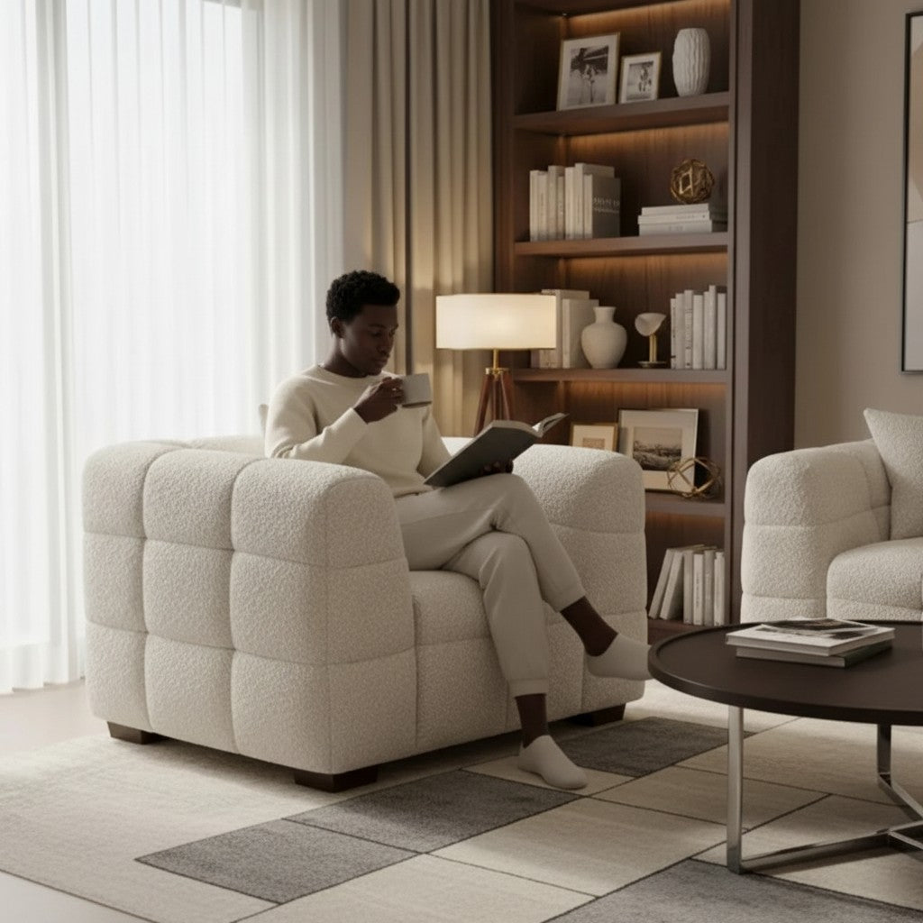 ALUXO Tribeca Bubble Armchair In Pearl Boucle Fabric