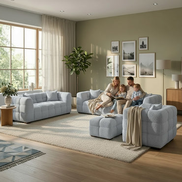 ALUXO Tribeca Bubble Sofa Set 4+3+1+Footstool In Pearl Grey Boucle Fabric