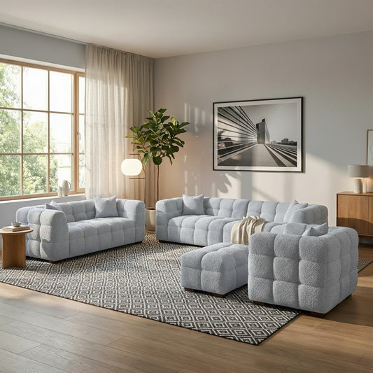 ALUXO Tribeca Bubble Sofa Set 4+3+1+Footstool In Pearl Grey Boucle Fabric