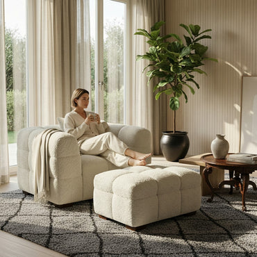 ALUXO Tribeca Bubble Upholstered Footstool In Oatmeal Beige Boucle Fabric