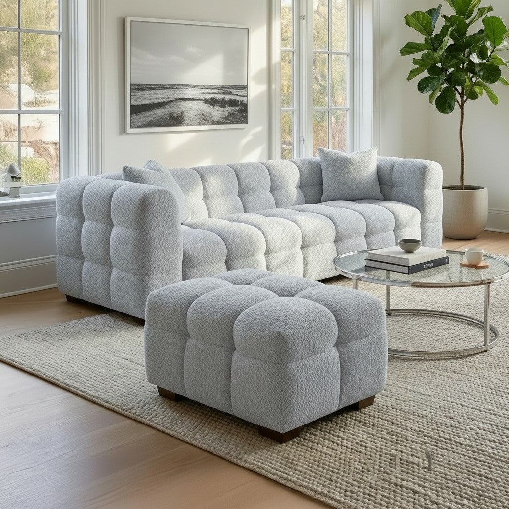 ALUXO Tribeca Bubble Upholstered Footstool In Iron Grey Boucle Fabric
