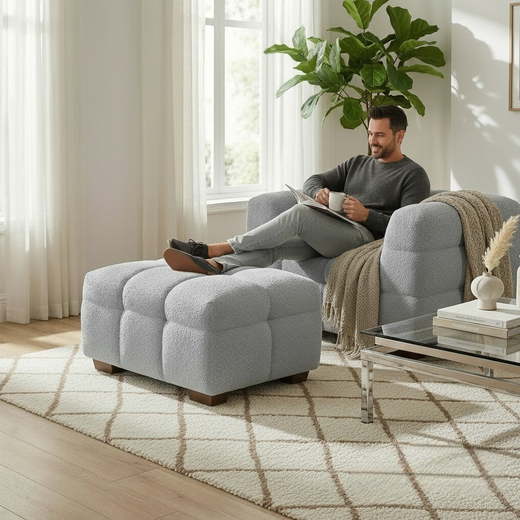 ALUXO Tribeca Bubble Upholstered Footstool In Iron Grey Boucle Fabric