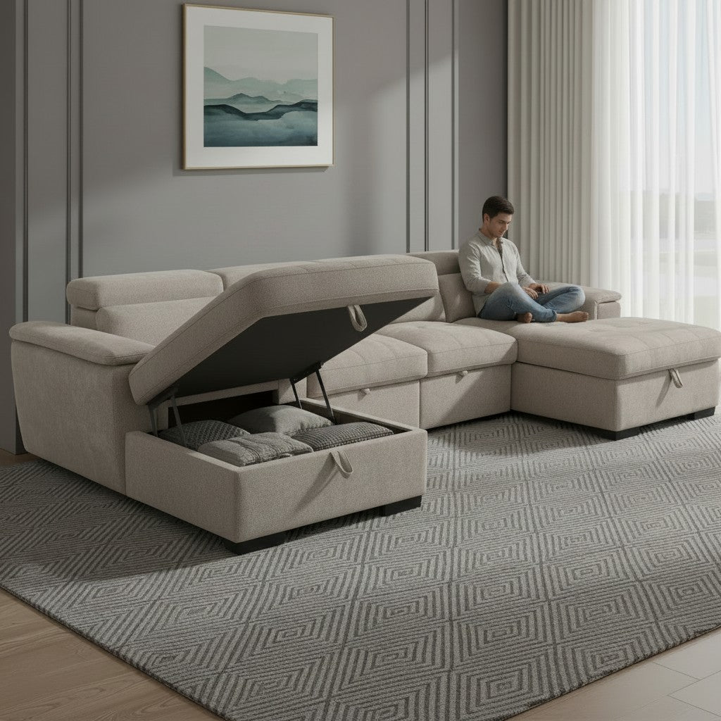Alaya Sofabed Beige Fabric U Shape Corner Sofa