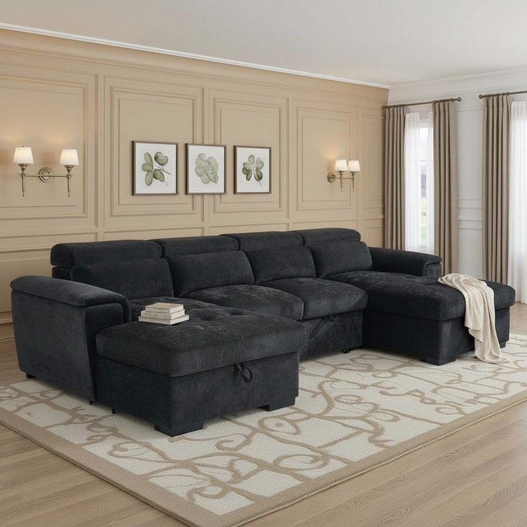 Alaya Sofabed Black Fabric U Shape Corner Sofa