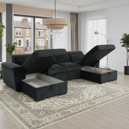 Alaya Sofabed Black Fabric U Shape Corner Sofa