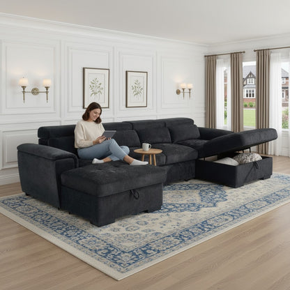 Alaya Sofabed Black Fabric U Shape Corner Sofa