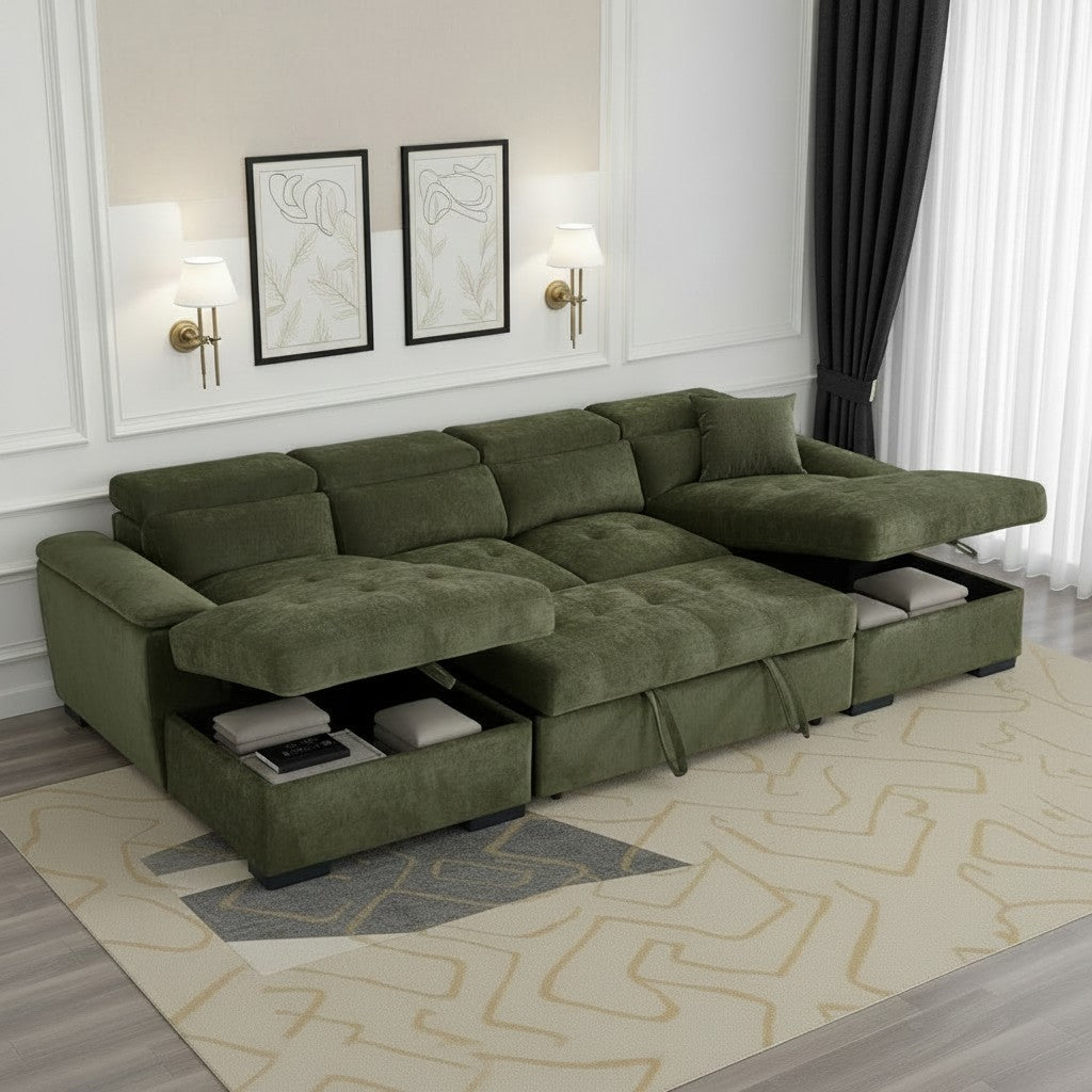 Alaya Sofabed Green Fabric U Shape Corner Sofa