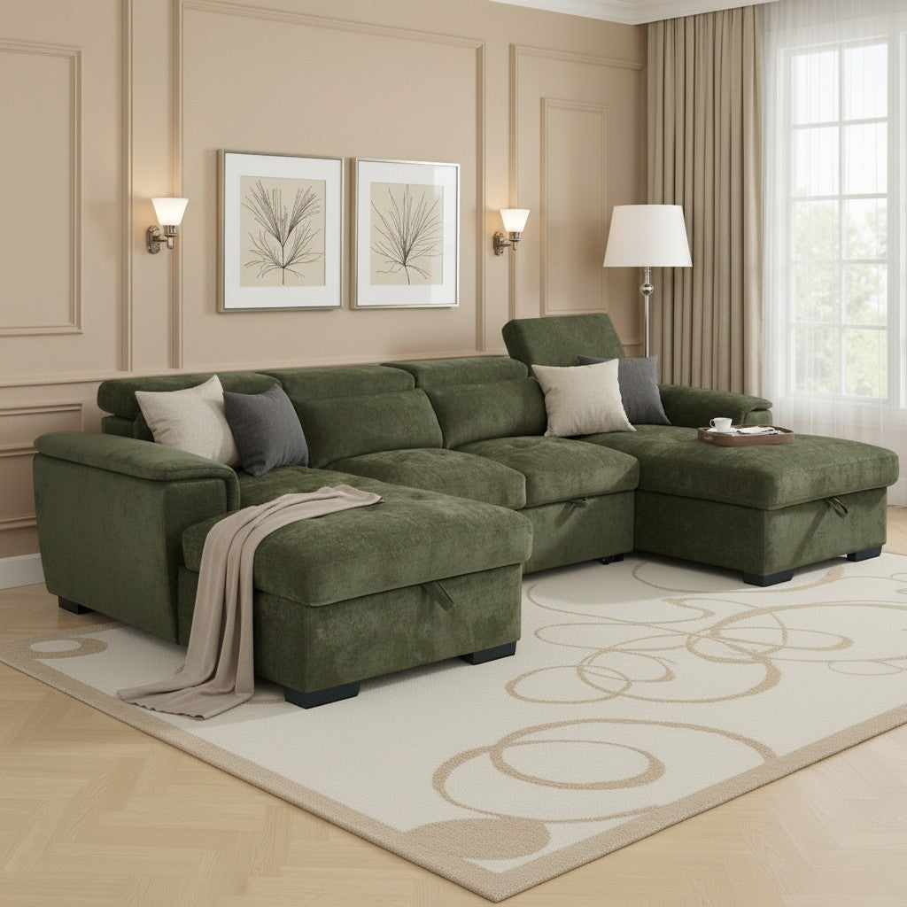 Alaya Sofabed Green Fabric U Shape Corner Sofa