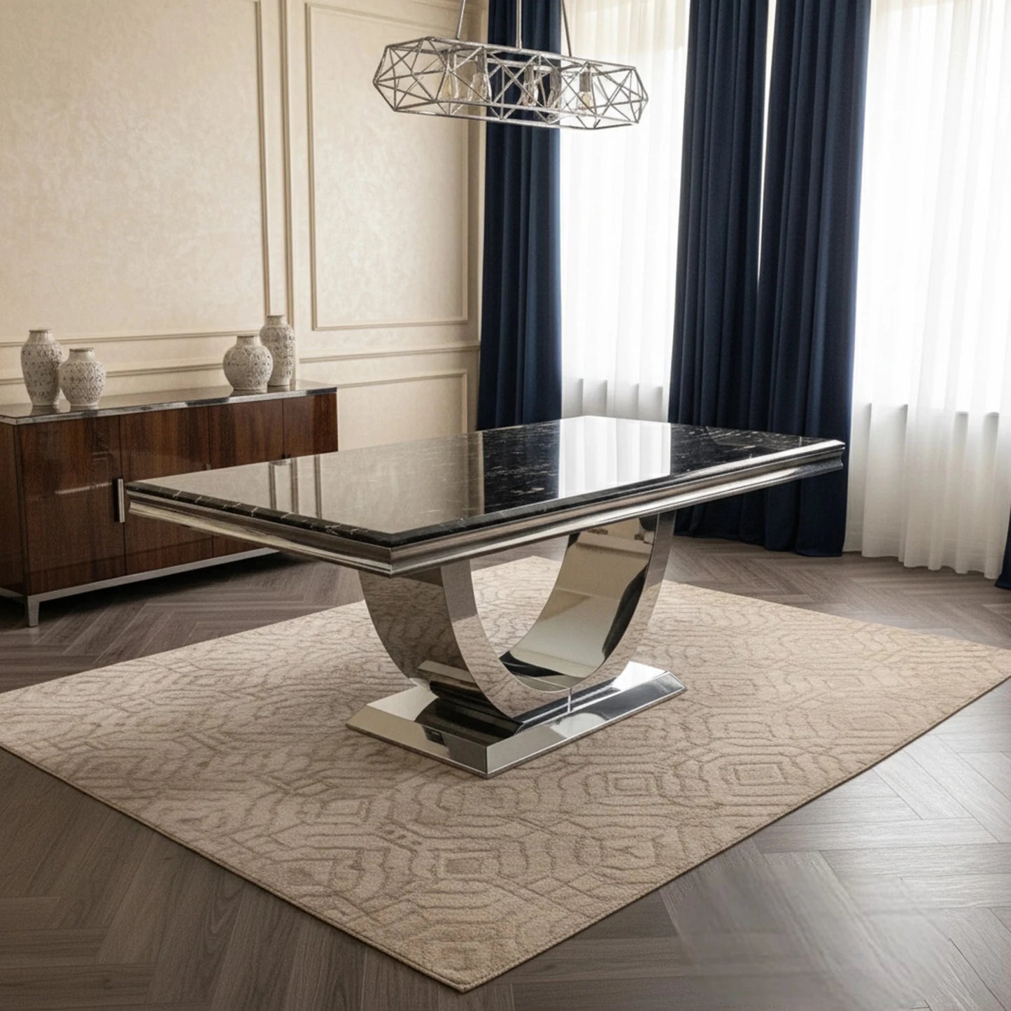 Luxury Urban 1.8m Black & Gold Marble Dining Set Chrome U-Base Table With Oskar Dark Grey Velvet Chairs