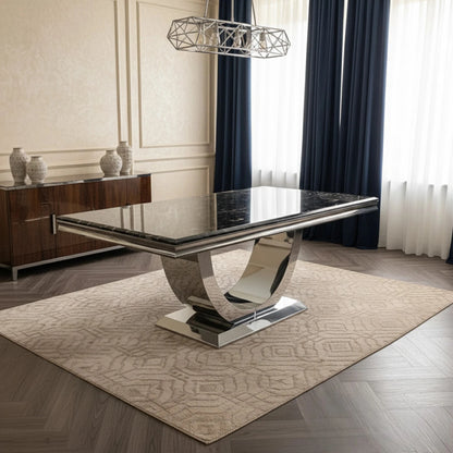 Luxury Urban 1.8m Black & Gold Marble Dining Set Chrome U-Base Table With Oskar Dark Grey Velvet Chairs