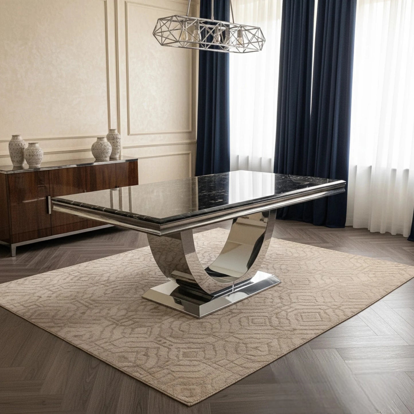Luxury Urban 1.8m Black & Gold Marble Dining Set Chrome U Base Table With Einar Grey Velvet Chairs