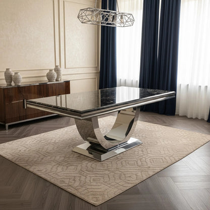 Luxury Urban 1.8m Black & Gold Marble Dining Set Chrome U Base Table With Einar Grey Velvet Chairs