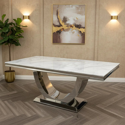 Luxury  Urban 1.8m White Marble Dining Set Chrome U Base Table With Megan Dark Grey Velvet Chairs