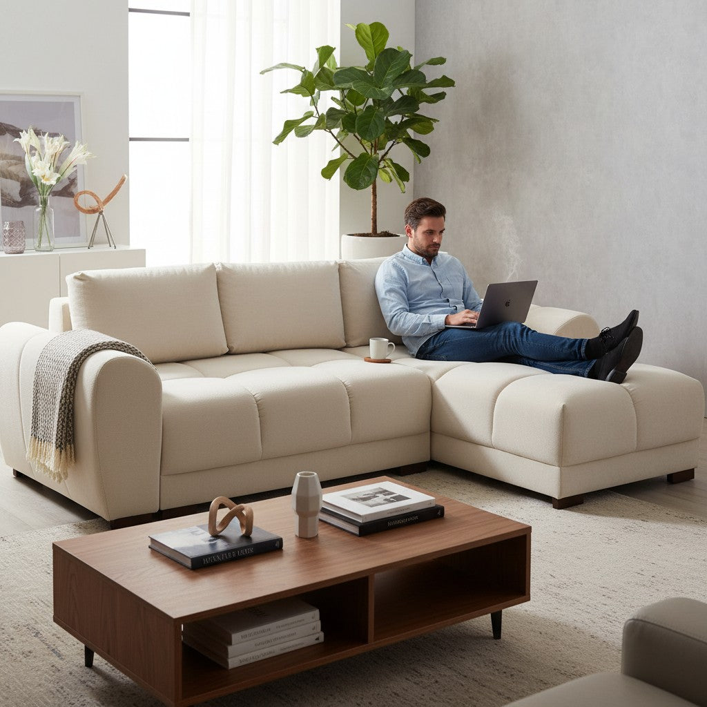 Azzuro Sofabed Cream Fabric Universal Corner Sofa
