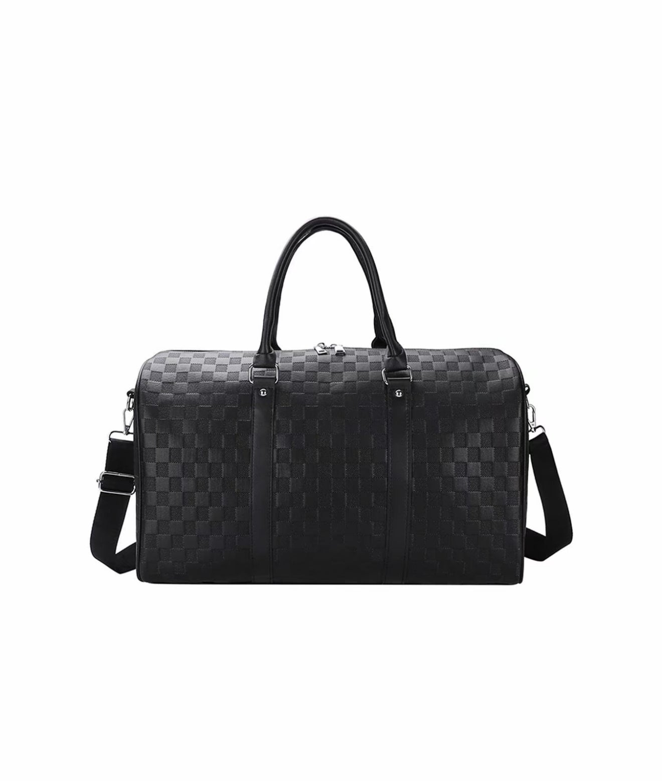 Luxury Black Checkered Duffel Bag with Shoulder Strap