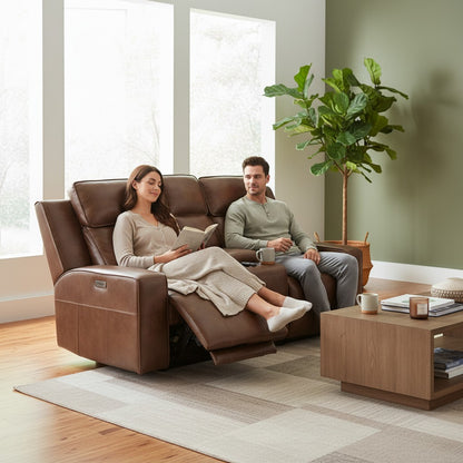 Barcelona Electric Recliner Brown Leather Cinema Console 2 Seater Sofa
