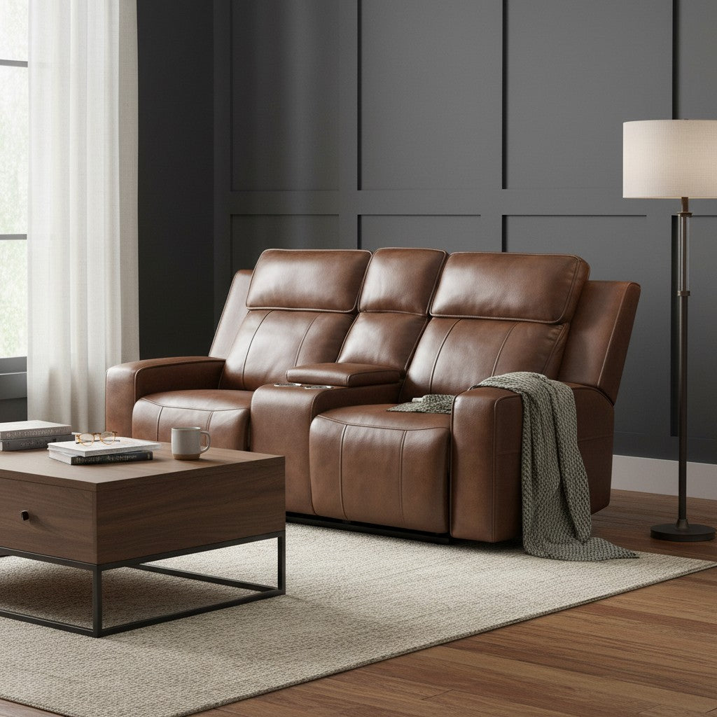 Barcelona Electric Recliner Brown Leather Cinema Console 2 Seater Sofa