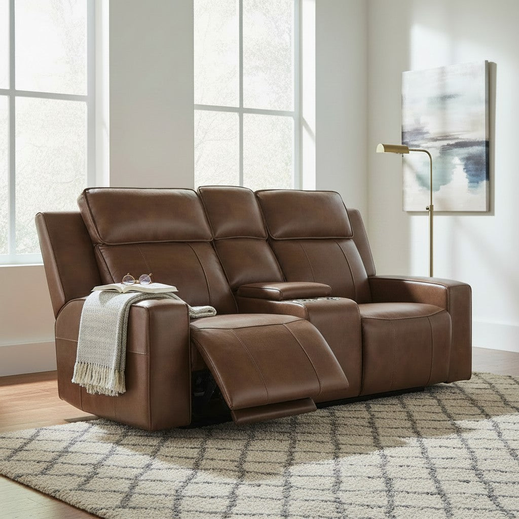 Barcelona Electric Recliner Brown Leather Cinema Console 2 Seater Sofa