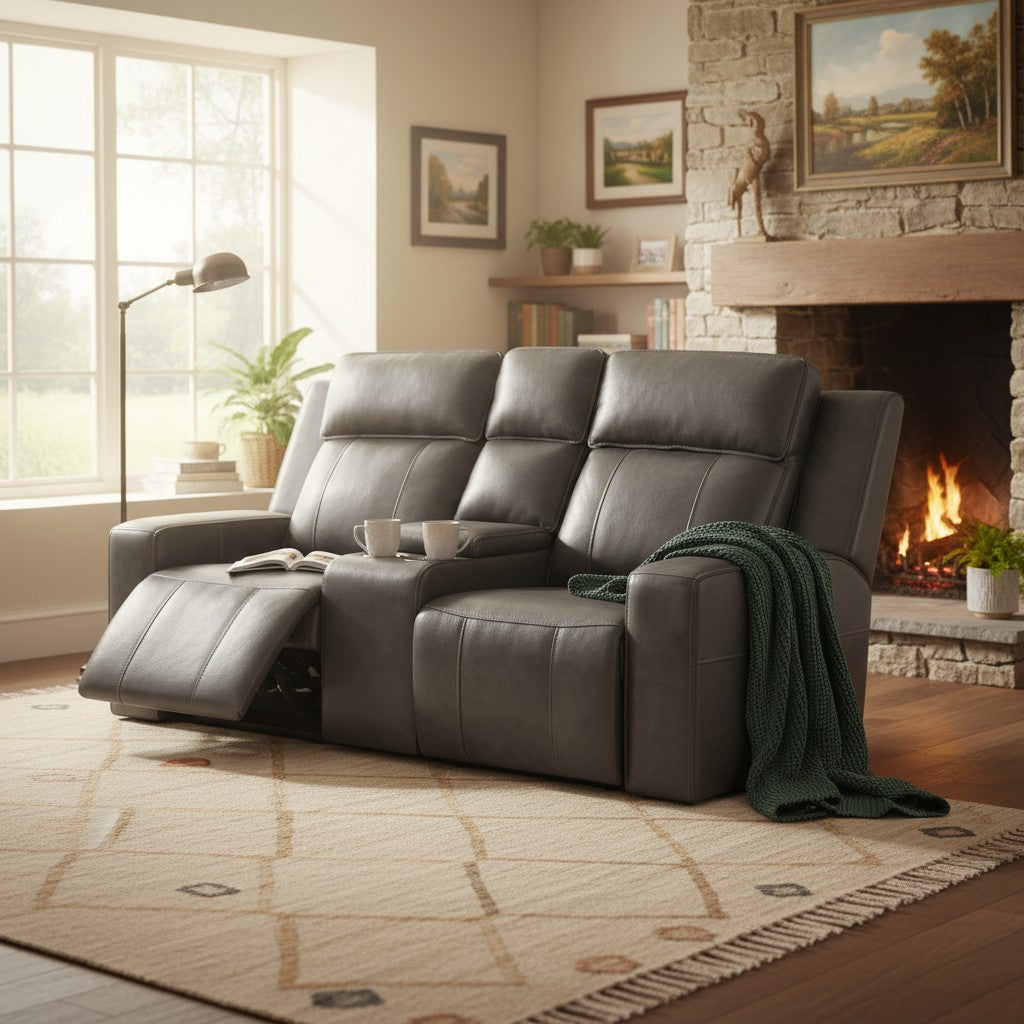 Barcelona Electric Recliner Grey Leather Cinema Console 2 Seater Sofa