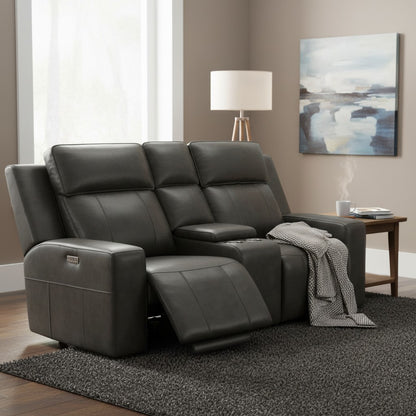 Barcelona Electric Recliner Grey Leather Cinema Console 2 Seater Sofa