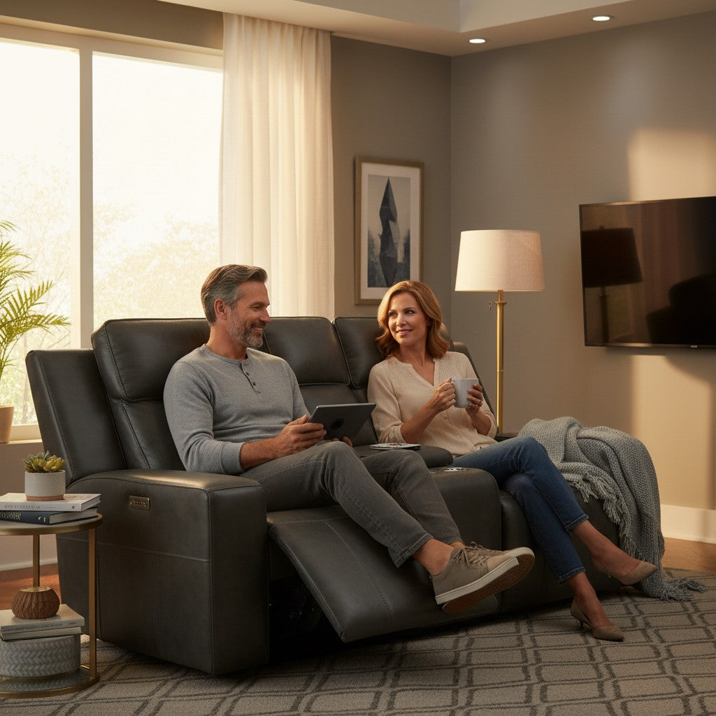Barcelona Electric Recliner Grey Leather Cinema Console 2 Seater Sofa