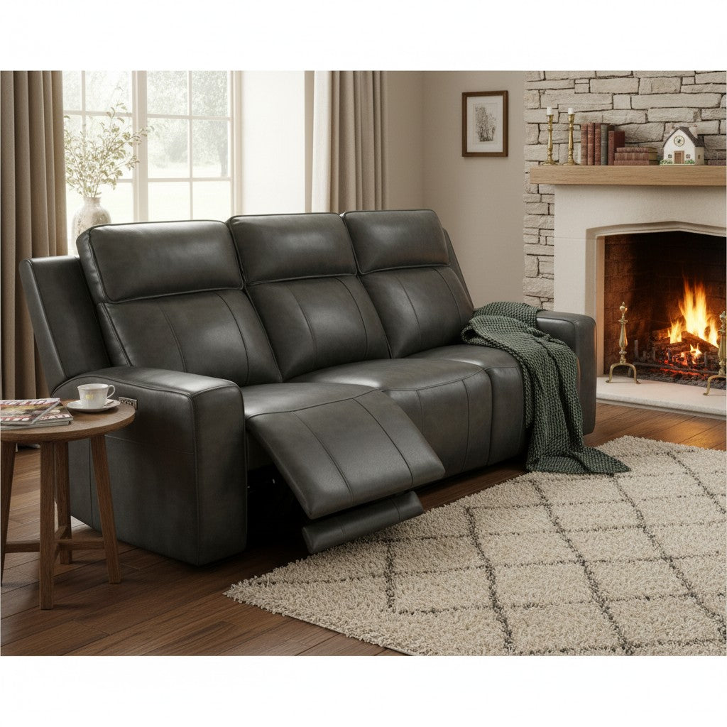 Barcelona Electric Recliner Grey Leather Cinema Console 3 Seater Sofa
