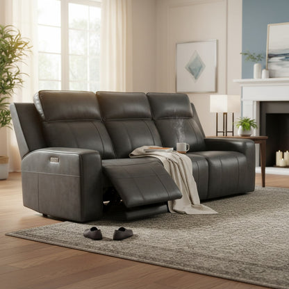 Barcelona Electric Recliner Grey Leather Cinema Console 3 Seater Sofa