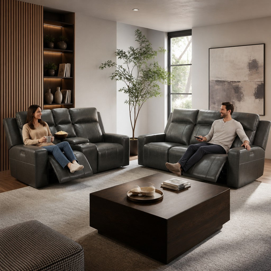 Barcelona Electric Recliner Grey Leather Cinema Console 3+2 Sofa Suite