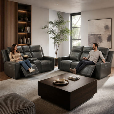 Barcelona Electric Recliner Grey Leather Cinema Console 3+2 Sofa Suite