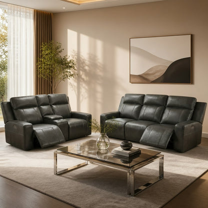 Barcelona Electric Recliner Grey Leather Cinema Console 3+2 Sofa Suite
