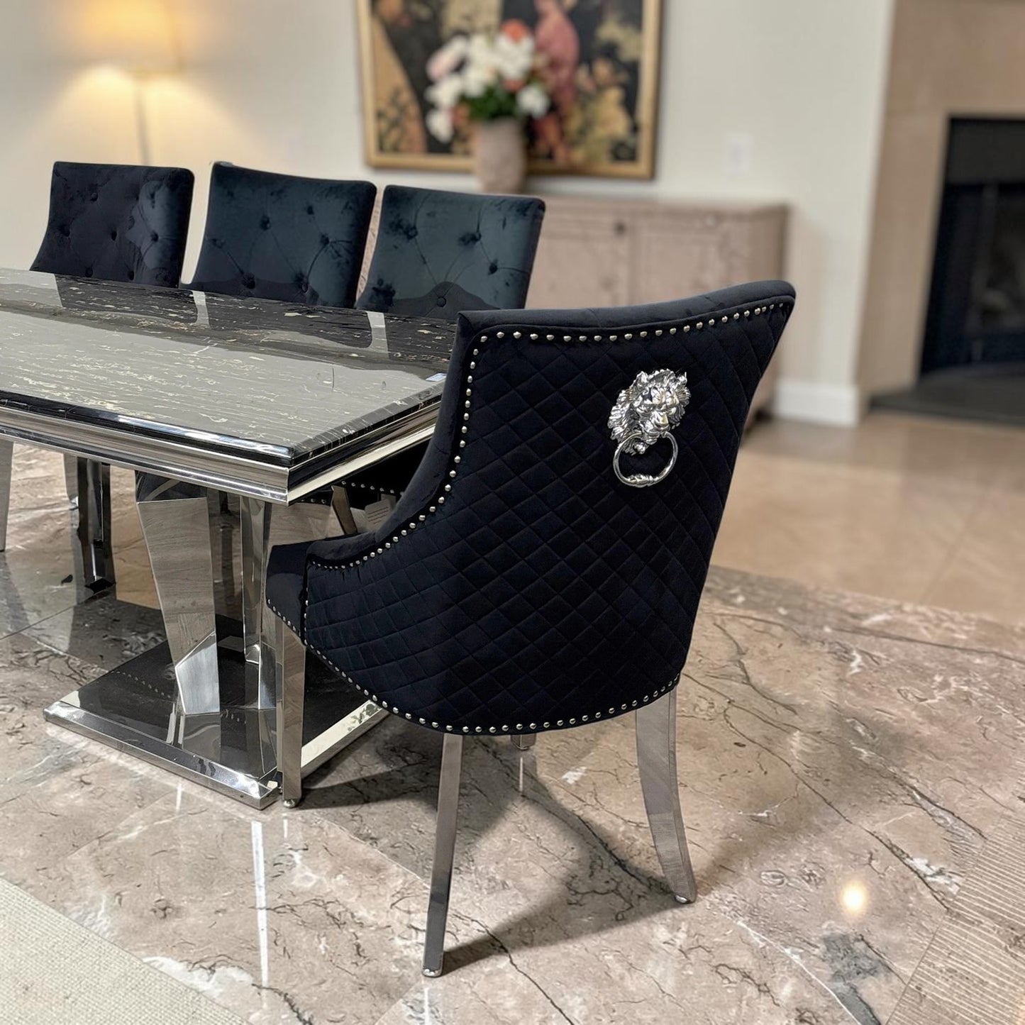 Bentley Black Velvet Dining Chair With Chrome Legs And Lion Knocker