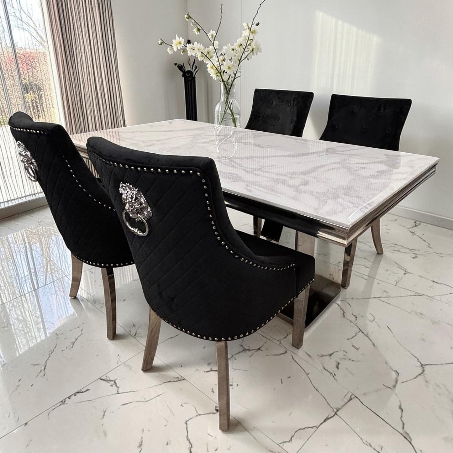 Bentley Black Velvet Dining Chair With Chrome Legs And Lion Knocker