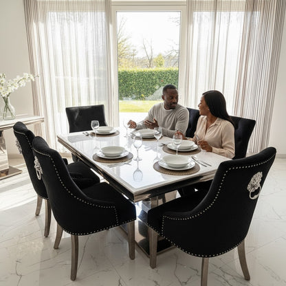 Bentley Black Velvet Dining Chair With Chrome Legs And Lion Knocker
