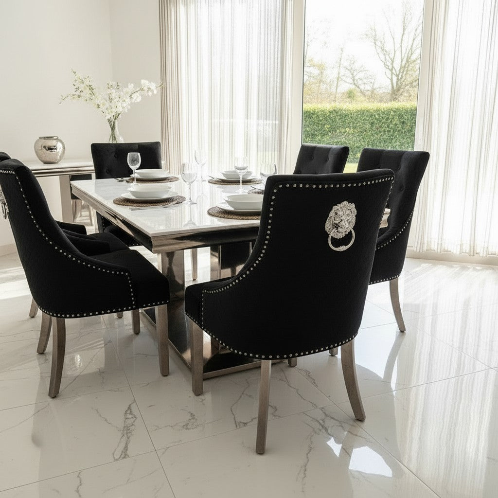 Bentley Black Velvet Dining Chair With Chrome Legs And Lion Knocker