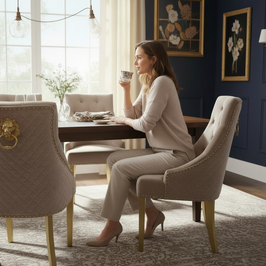 Bentley Beige/Cream Velvet Dining Chair With Gold Legs And Lion Knocker