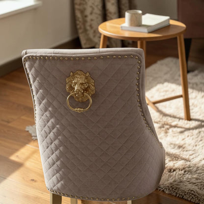 Bentley Beige/Cream Velvet Dining Chair With Gold Legs And Lion Knocker