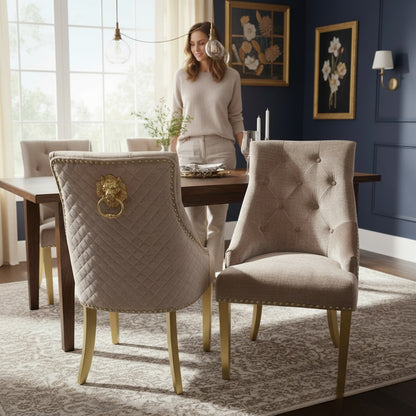 Bentley Beige/Cream Velvet Dining Chair With Gold Legs And Lion Knocker