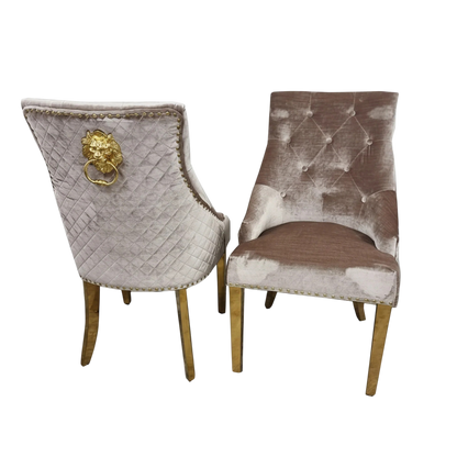 Bentley Beige/Cream Velvet Dining Chair With Gold Legs And Lion Knocker
