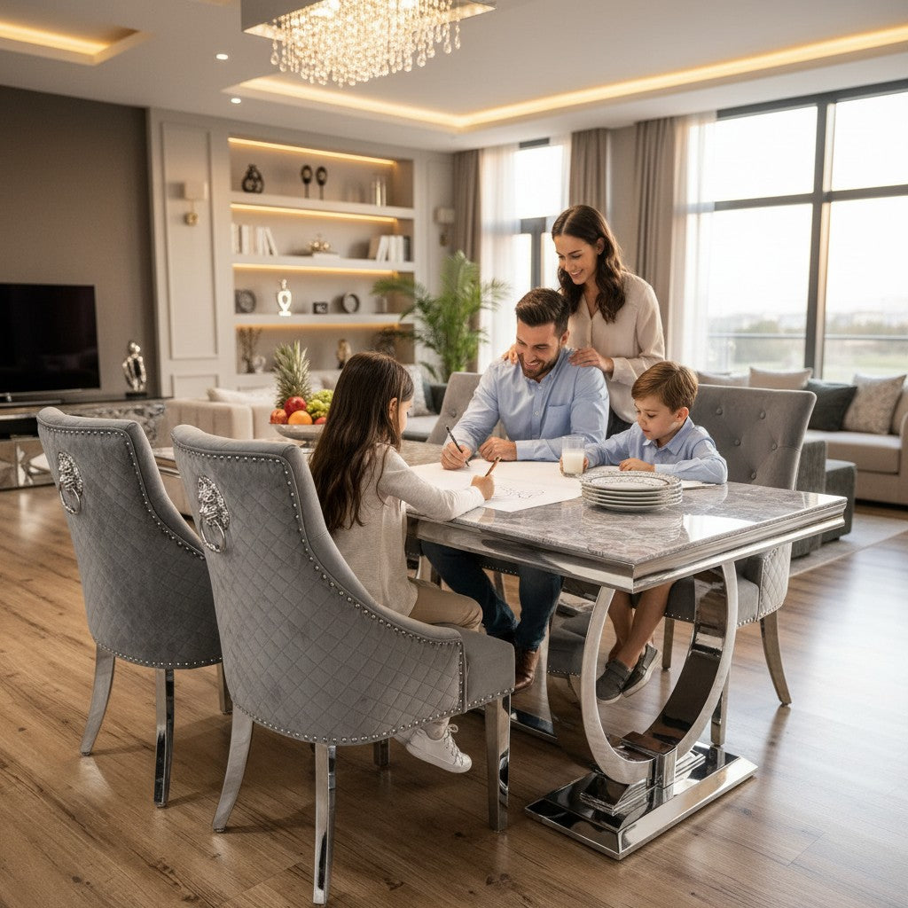 Bentley Dark Grey Velvet Dining Chair With Chrome Legs And Lion Knocker